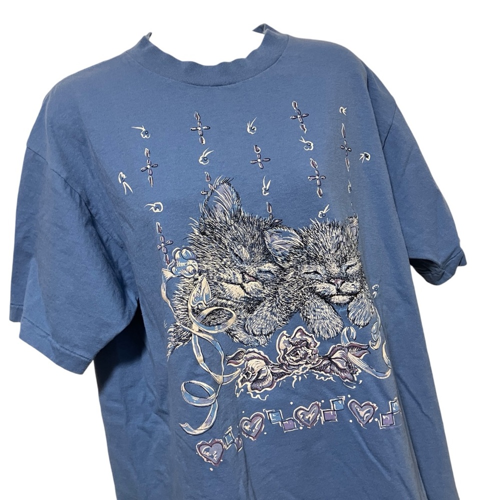 Vintage Diamond Dust Blue Cat Kitten Single Stitch Tee